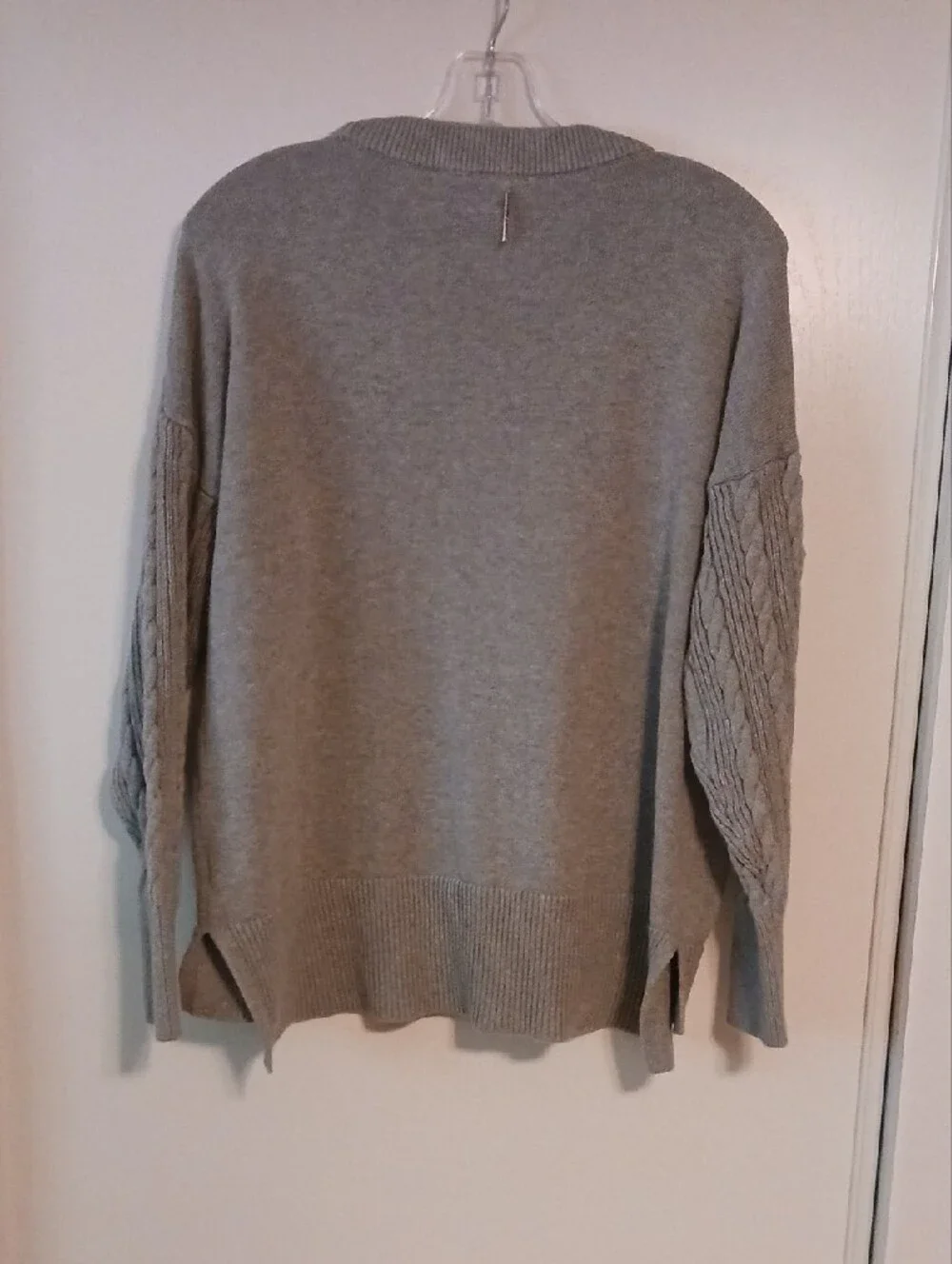 Michael Kors Light Gray Crewneck Sweater with Cable-Sleeve Detail